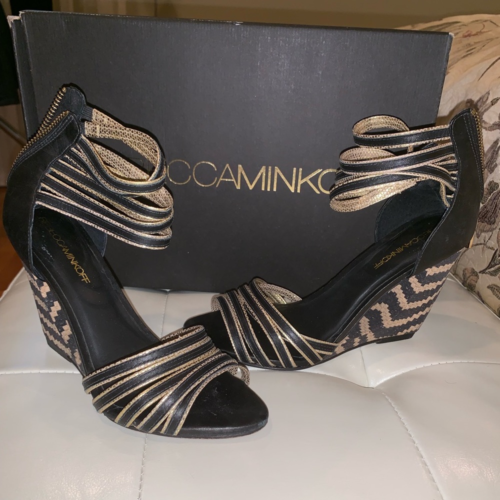 Rebecca Minkoff black and gold wedges sandals